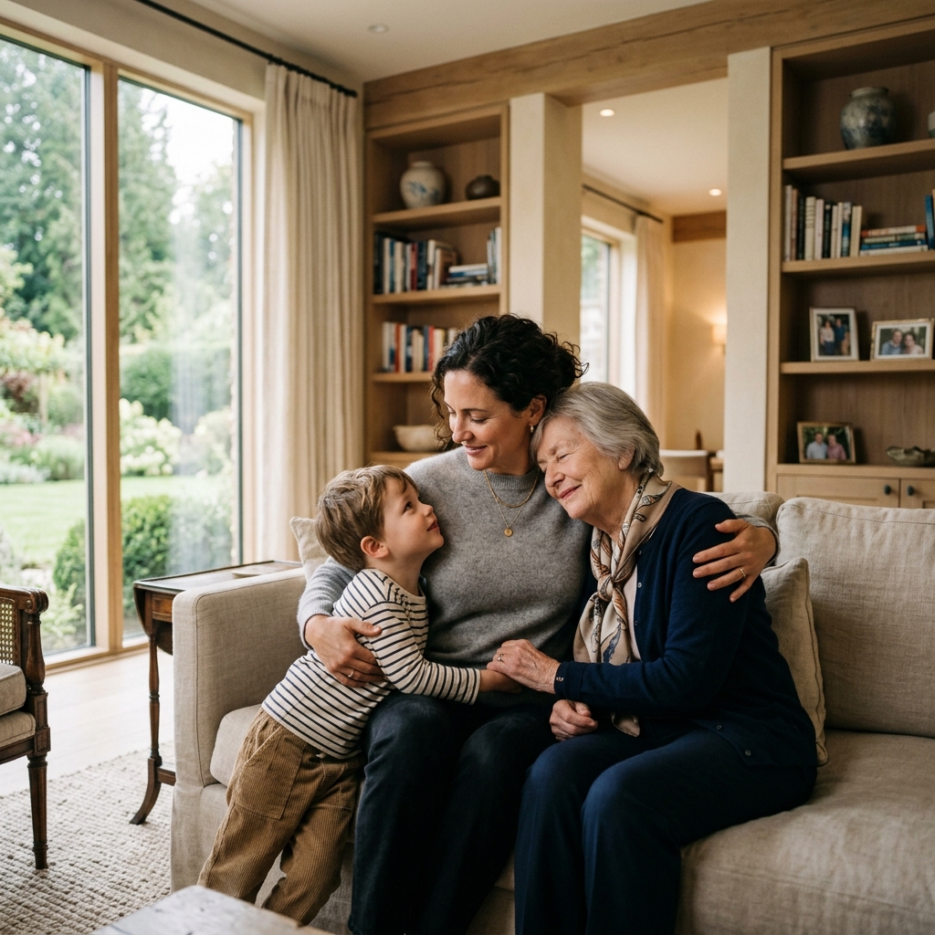 Woman caring for child and elderly mother