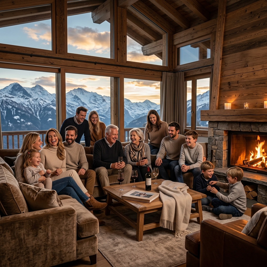 Family gathering at luxury ski lodge